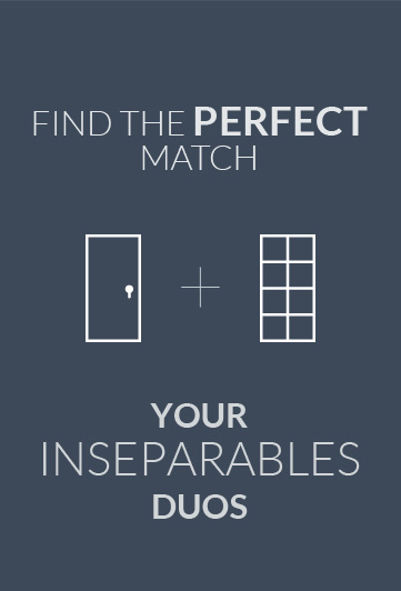 Graphique promotionnel illustrant l’association parfaite entre portes et fenêtres, avec le message ‘Trouvez le match parfait ! Vos duos inséparables’ sur un fond sombre.
