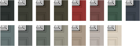 Palette de couleurs pour porte exterieure, présentant une variété de teintes allant du gris au rouge, vert et beige, permettant de personnaliser l’apparence de l’entrée.